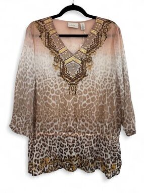 Chico's Beige Brown Leopard Print V-Neck Tunic with Gold Embellishment Size 2